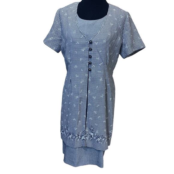 Basic Editions Dresses & Skirts - Vintage 1990s XL Basic Edition Black White Plaid Layered Look Short Sleeve Dress